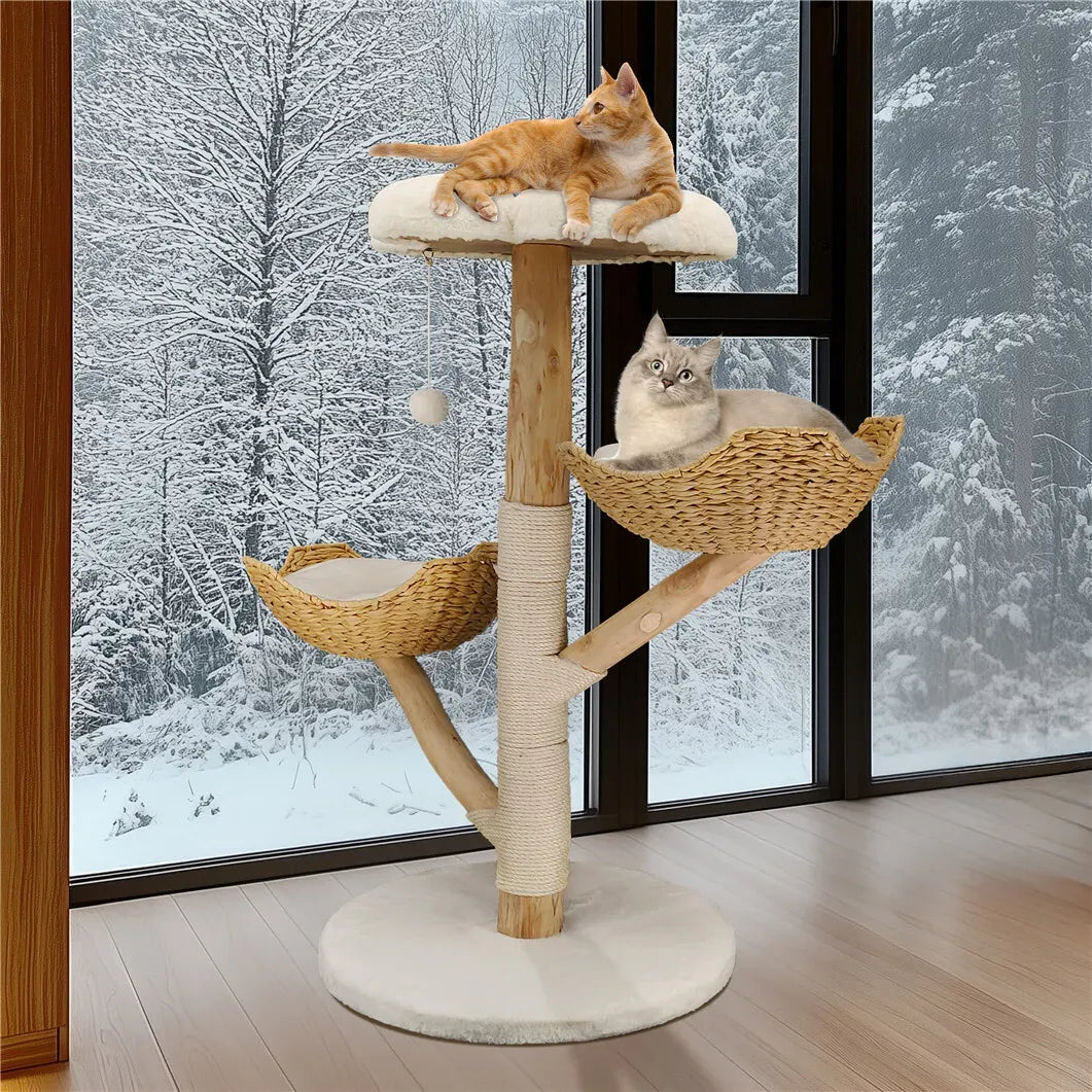 Real Wood Cat Tree Tower in Natural Wood for Indoor Cats Up to 10KG, 60x111cm