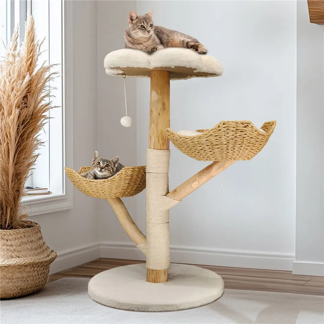 Extra Large Black Cat Tree Tower with Real Wood and Wicker Basket, 60x111cm