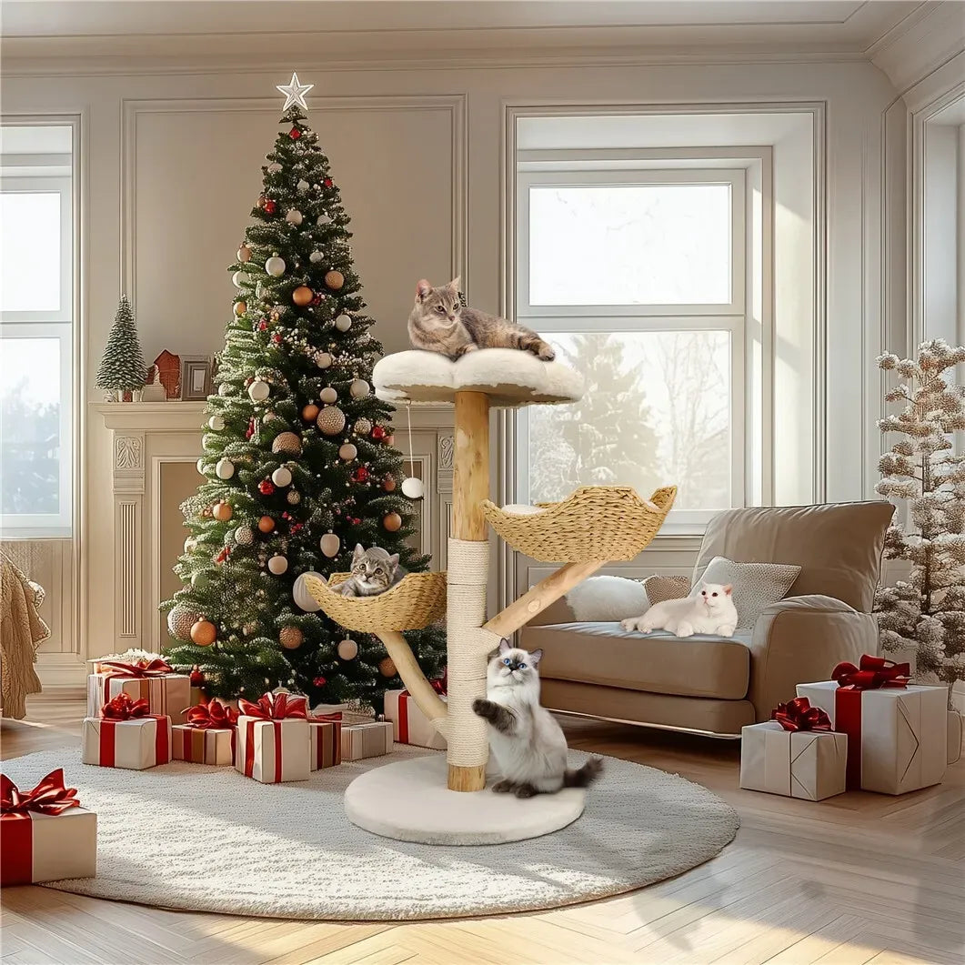 Extra Large Black Cat Tree Tower with Real Wood and Wicker Basket, 60x111cm