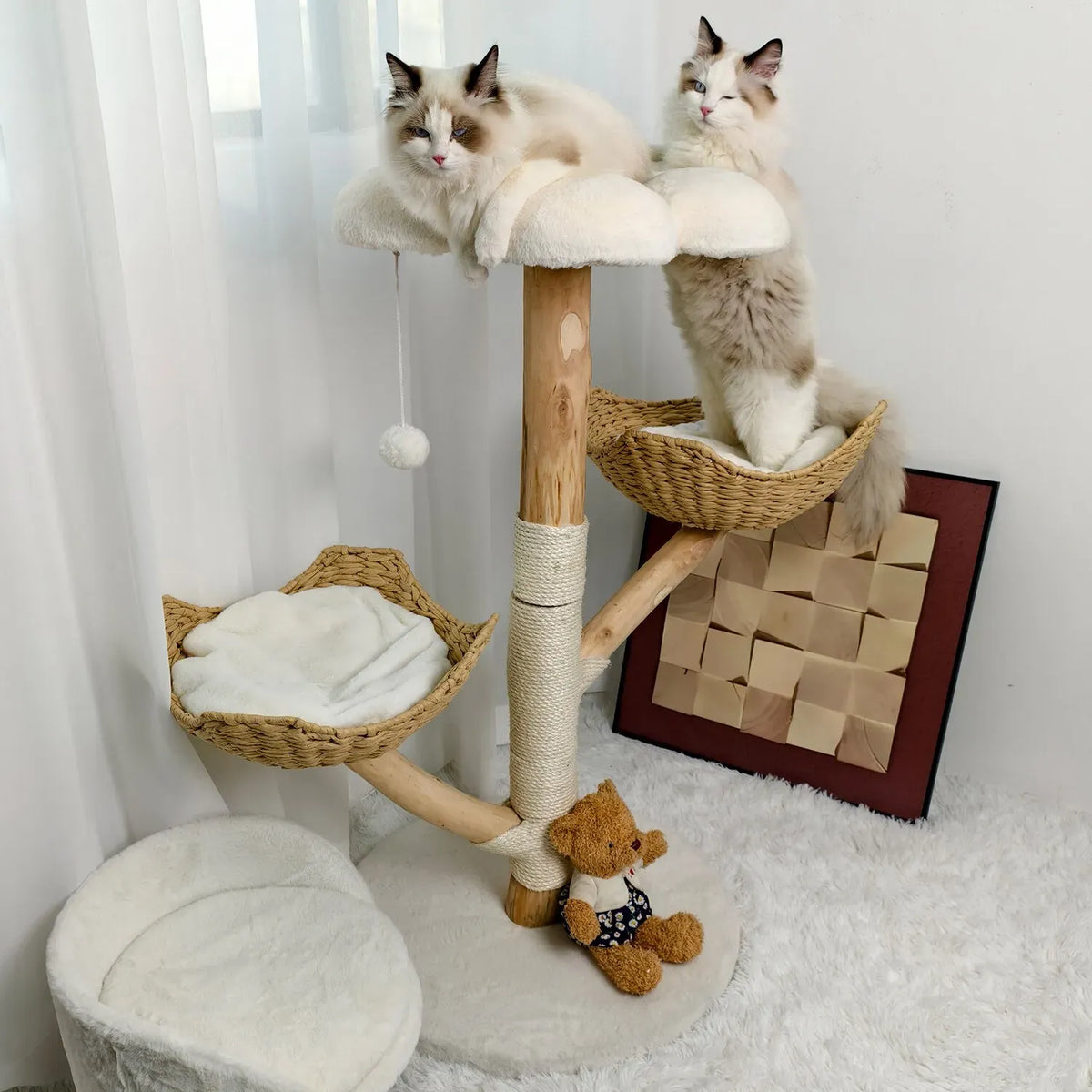Extra Large Black Cat Tree Tower with Real Wood and Wicker Basket, 60x111cm