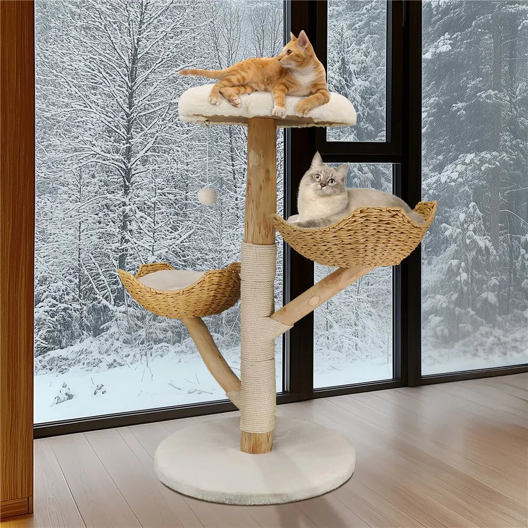Extra Large Black Cat Tree Tower with Real Wood and Wicker Basket, 60x111cm