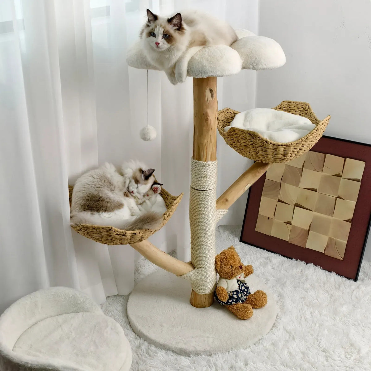 Extra Large Black Cat Tree Tower with Real Wood and Wicker Basket, 60x111cm