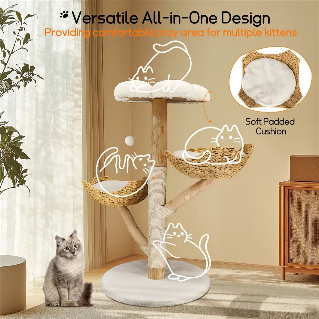 Extra Large Black Cat Tree Tower with Real Wood and Wicker Basket, 60x111cm