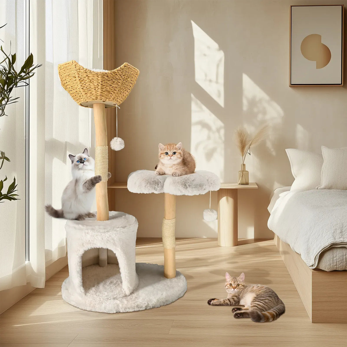 Large Black Real Branch Cat Tree Tower with Plush Condo and Scratching Posts