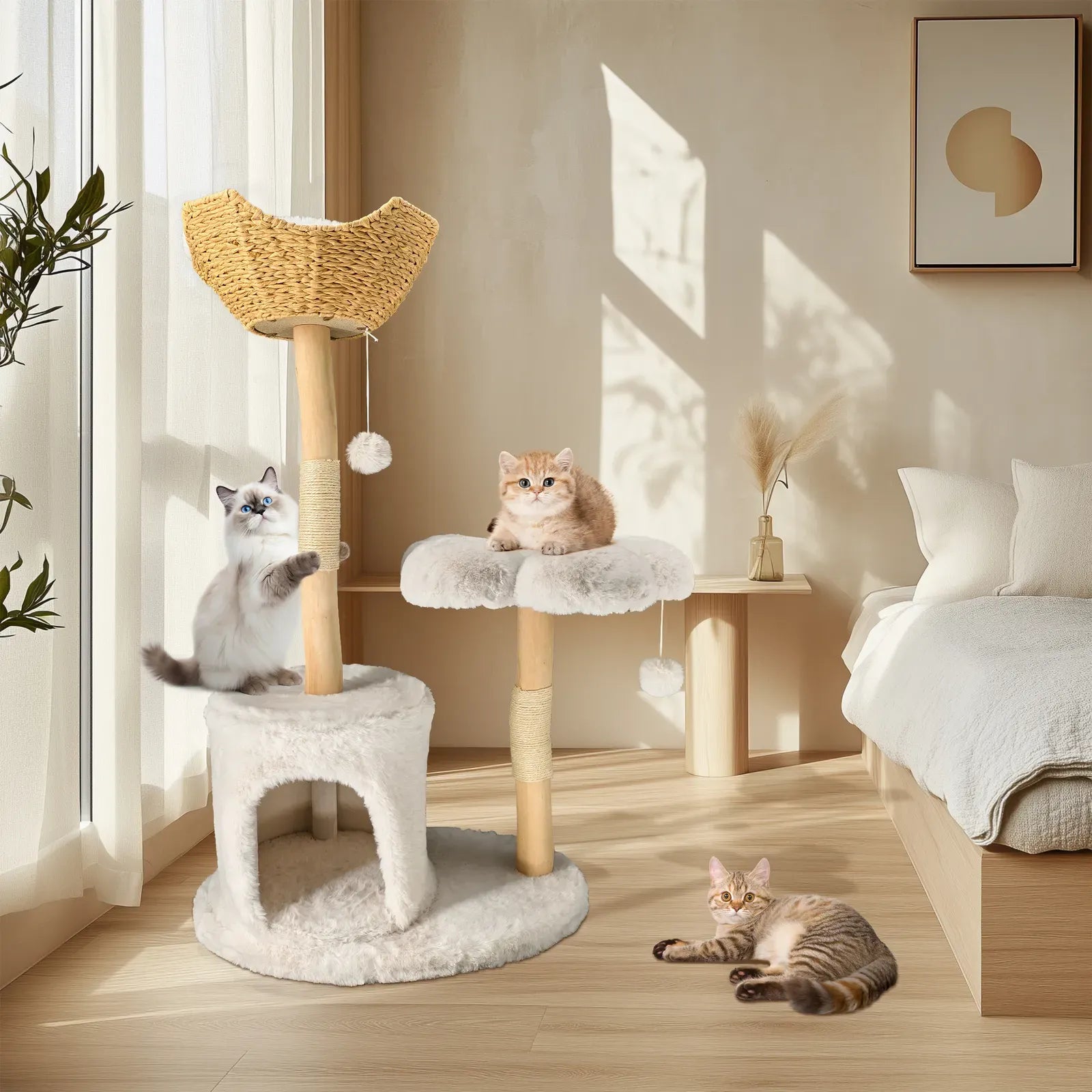 Large Black Real Branch Cat Tree Tower with Plush Condo and Scratching Posts