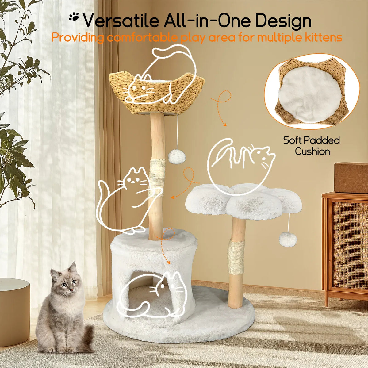 Large Black Real Branch Cat Tree Tower with Plush Condo and Scratching Posts