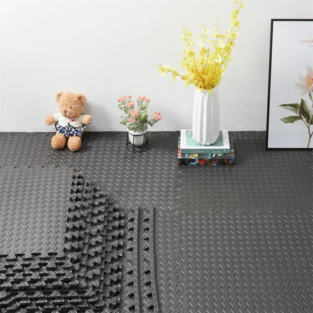 Black Interlocking Heavy Duty EVA Foam Gym Flooring Mats - 60x60cm - 12 Tiles