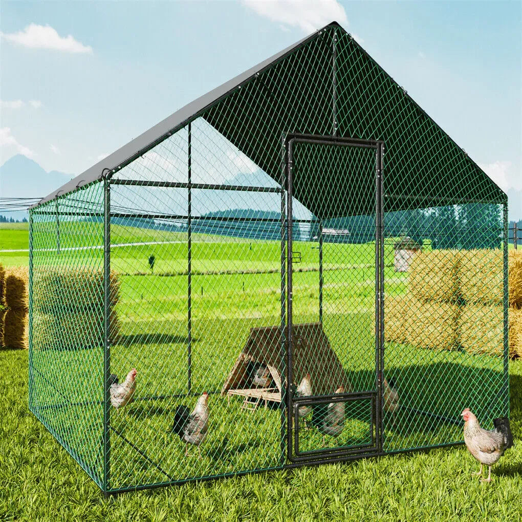 Heavy Duty Large Black Metal Walk-In Chicken Run Coop with Cover, 276x207x300cm