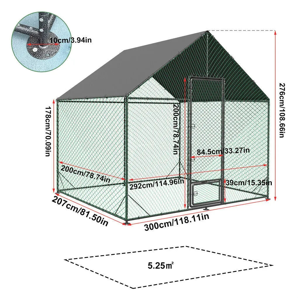 Heavy Duty Large Black Metal Walk-In Chicken Run Coop with Cover, 276x207x300cm