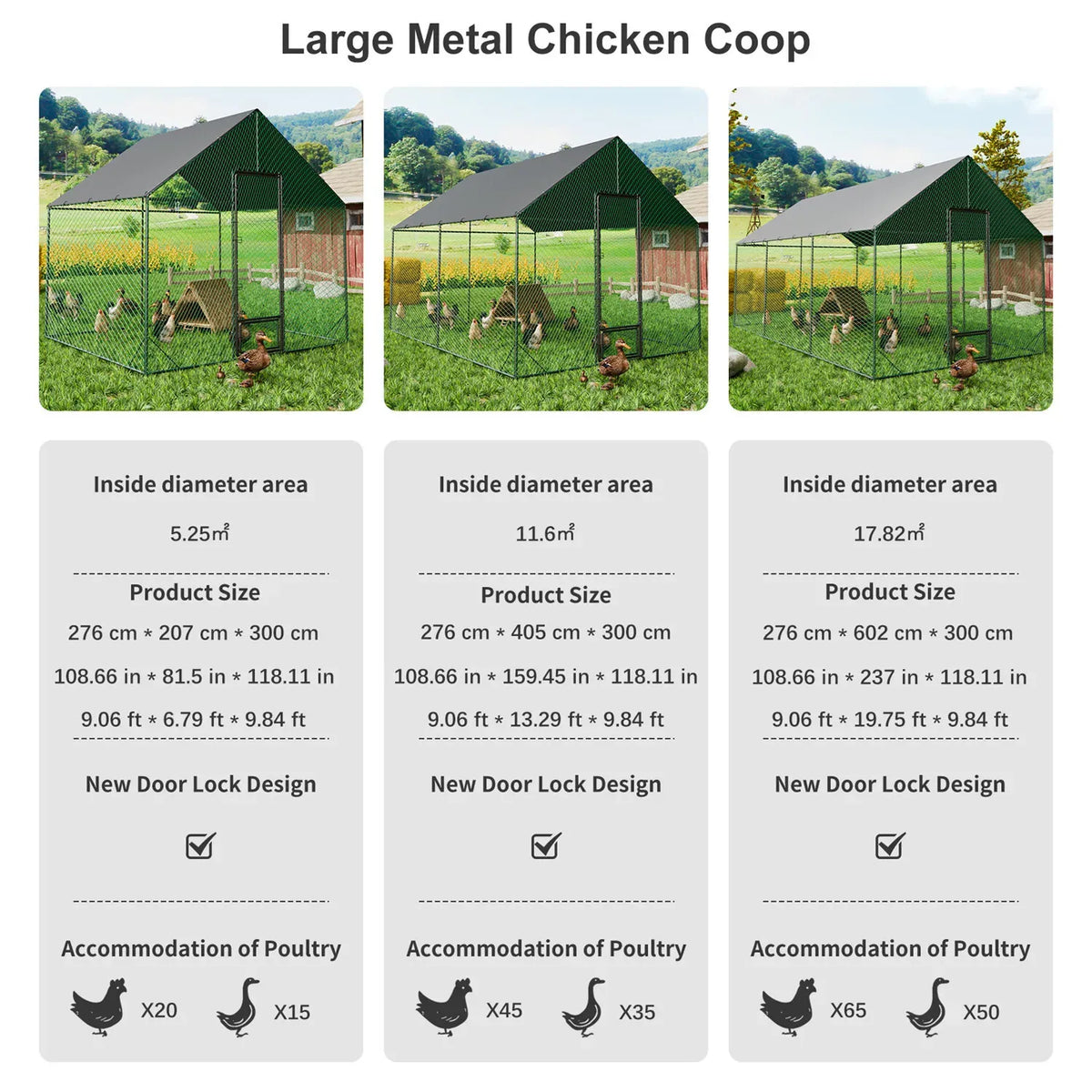 Heavy Duty Large Black Metal Walk-In Chicken Run Coop with Cover, 276x207x300cm
