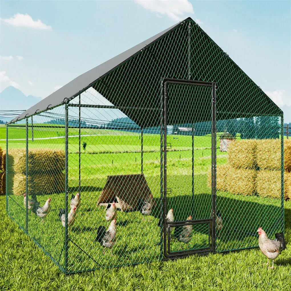 Heavy Duty XL Metal Walk-In Chicken Run with Cover, 276x405x300cm, Black
