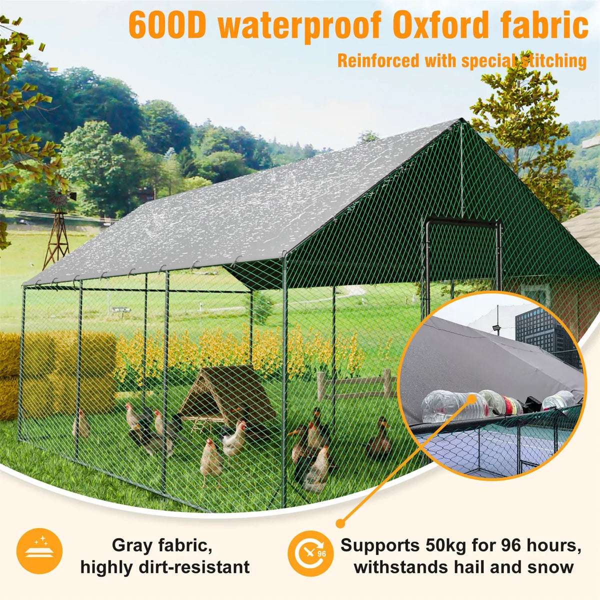 Heavy Duty XL Metal Walk-In Chicken Run with Cover, 276x405x300cm, Black