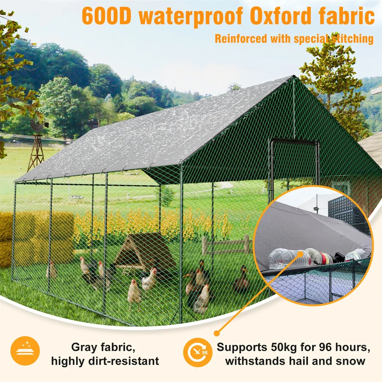 Heavy Duty Black Metal Walk-In Chicken Run Cage Coop with Cover, 276x602x300cm