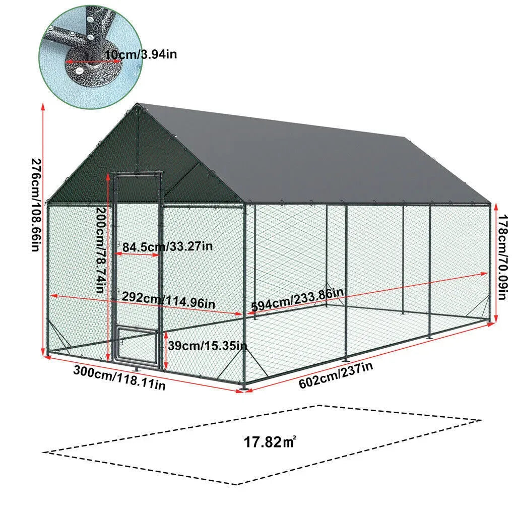 Heavy Duty Black Metal Walk-In Chicken Run Cage Coop with Cover, 276x602x300cm