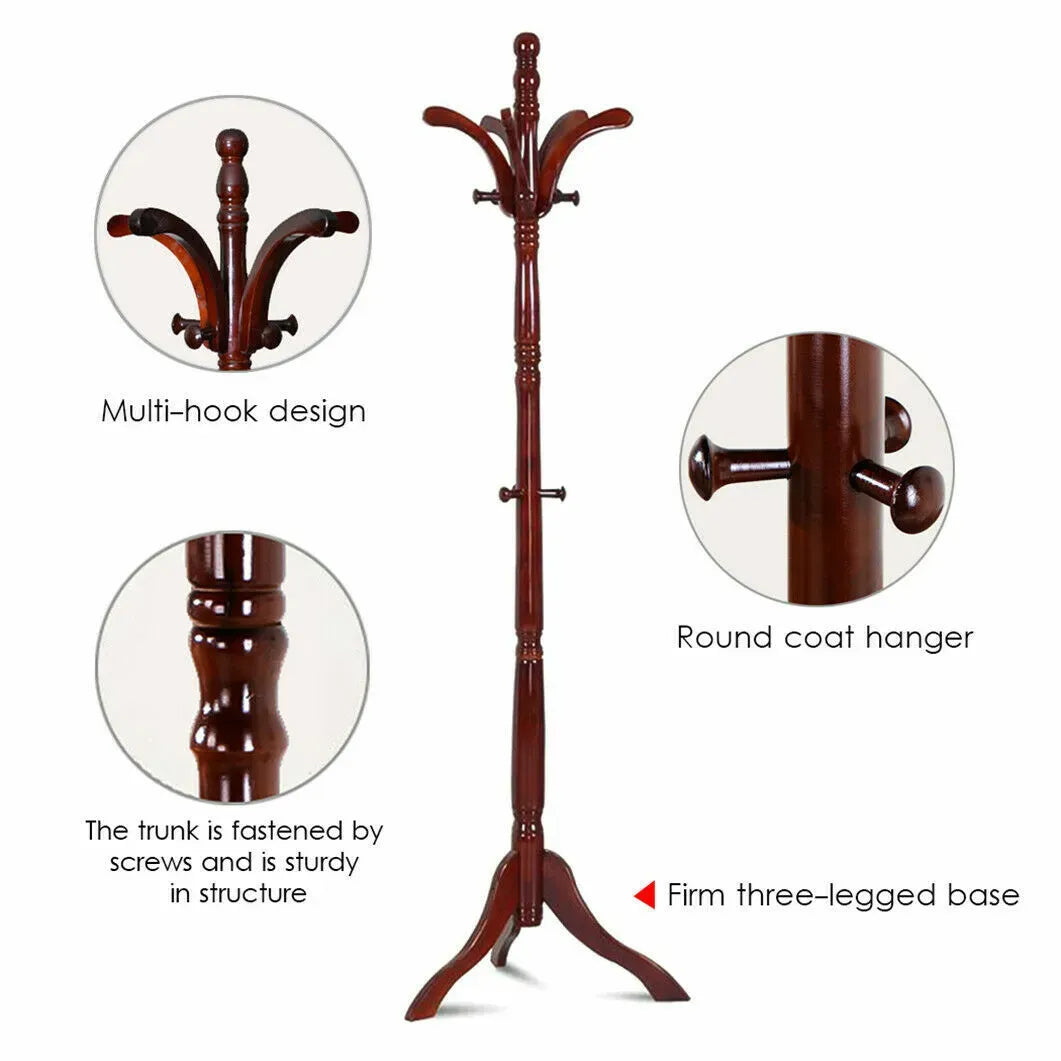 Vintage Redwood Wooden Coat Rack Stand 182.9cm with 13 Hooks for Hats, Clothes, and Handbags