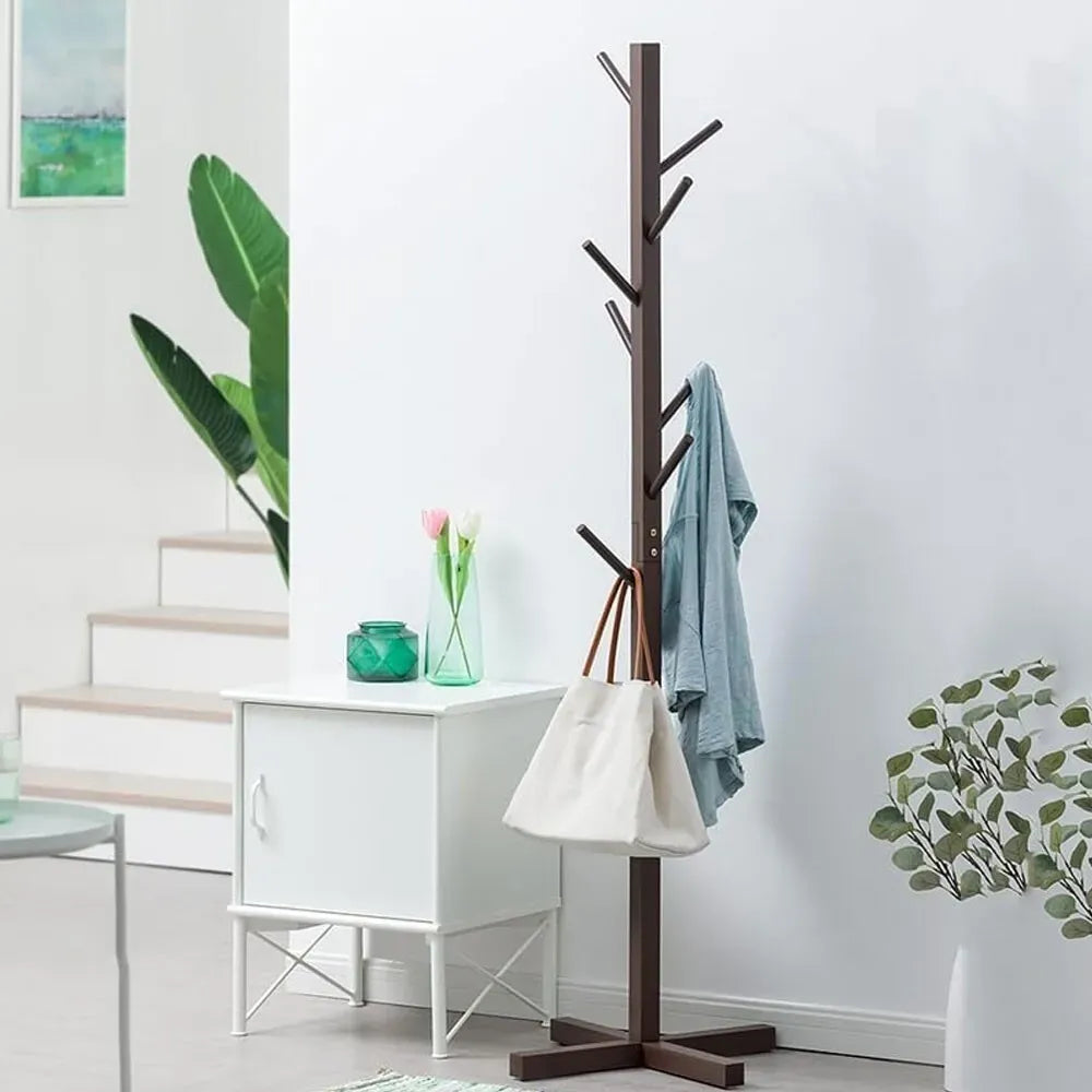 Brown Solid Wood Coat Rack Stand for Entryway - Sturdy Hat and Clothes Hanger