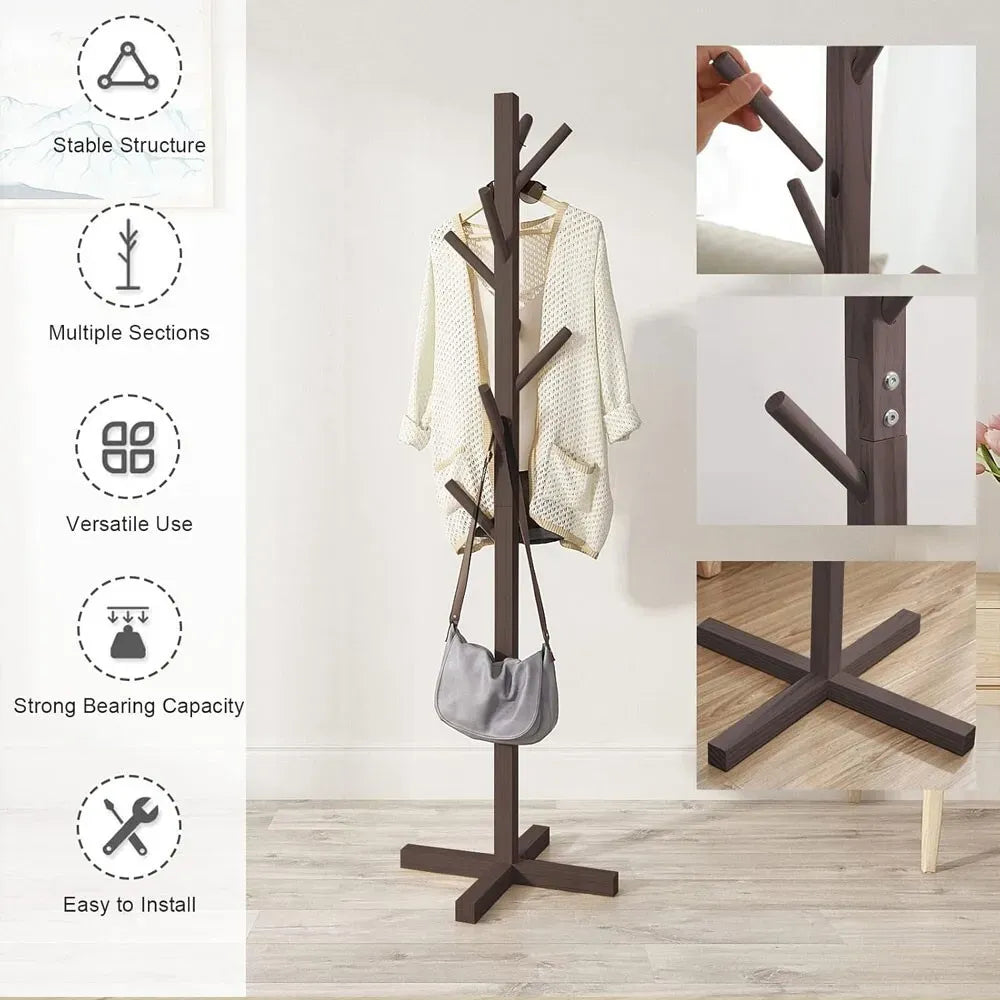 Brown Solid Wood Coat Rack Stand for Entryway - Sturdy Hat and Clothes Hanger
