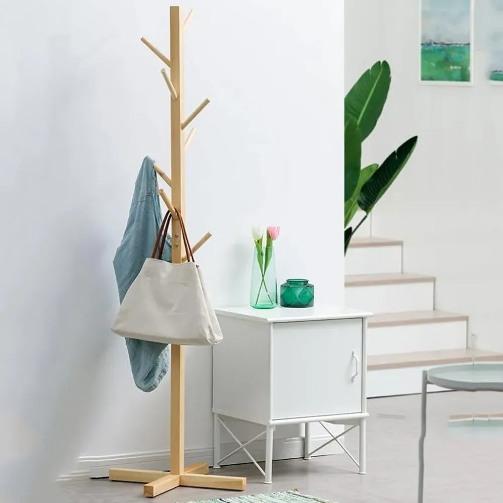Brown Solid Wood Coat Rack Stand for Entryway - Sturdy Hat and Clothes Hanger