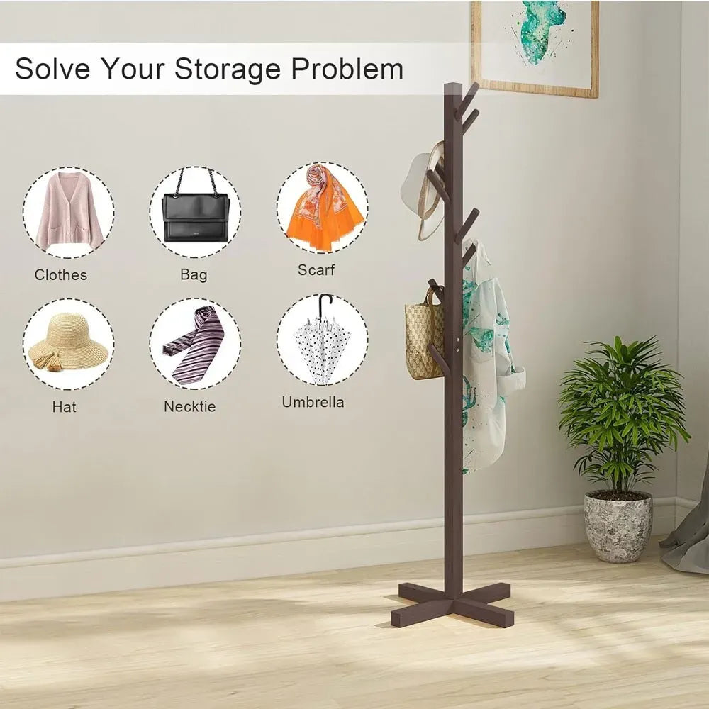 Brown Solid Wood Coat Rack Stand for Entryway - Sturdy Hat and Clothes Hanger