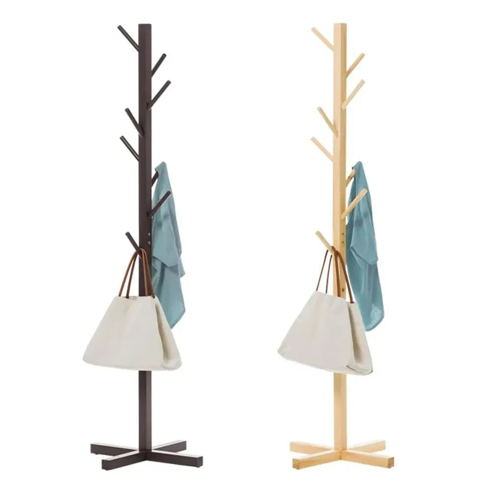 Brown Solid Wood Coat Rack Stand for Entryway - Sturdy Hat and Clothes Hanger