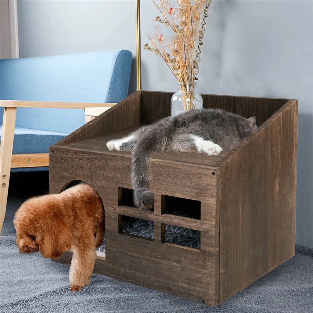 Large Solid Wooden Cat House in Deep Brown with Soft Cushion, 47.3x35x42cm