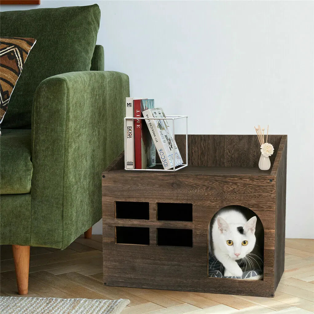 Large Solid Wooden Cat House in Deep Brown with Soft Cushion, 47.3x35x42cm