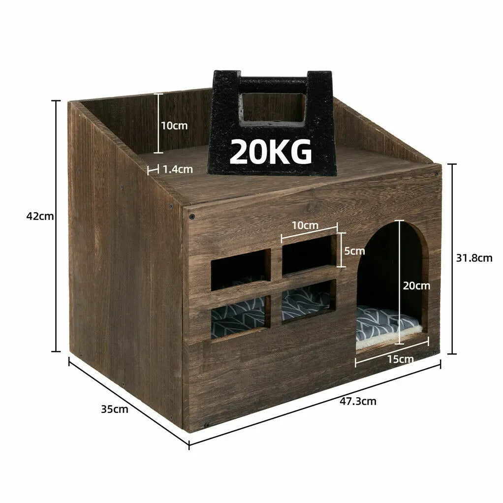 Large Solid Wooden Cat House in Deep Brown with Soft Cushion, 47.3x35x42cm