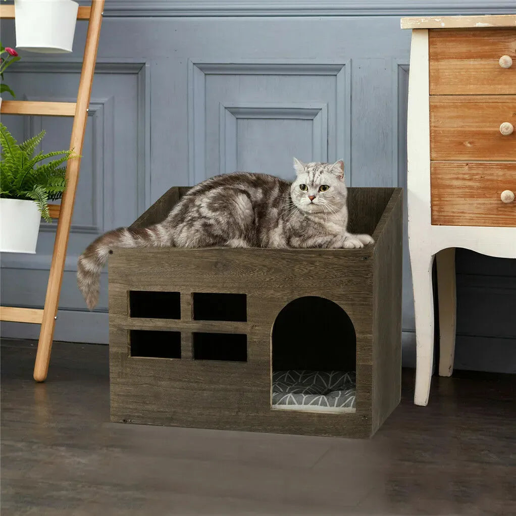 Large Solid Wooden Cat House in Deep Brown with Soft Cushion, 47.3x35x42cm