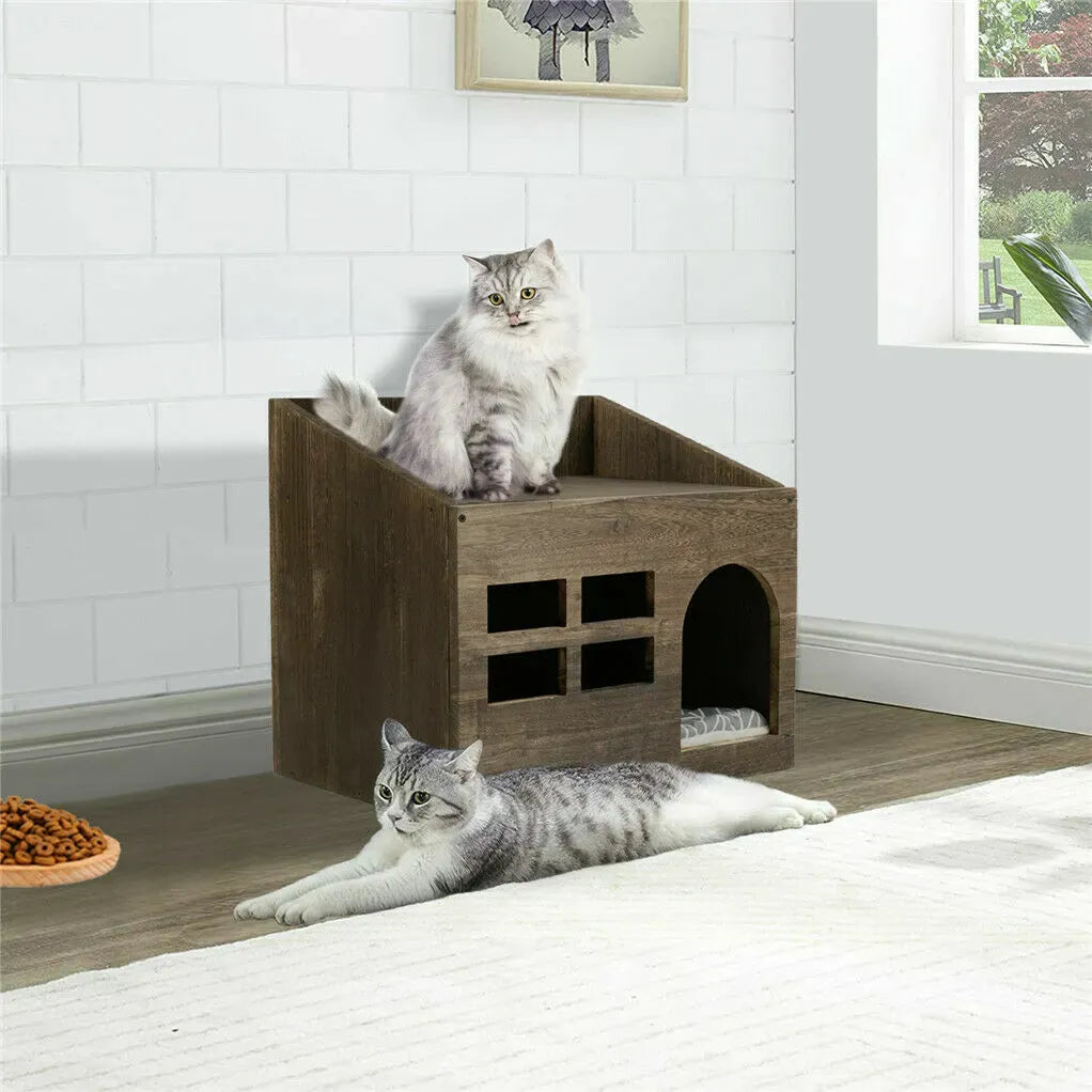 Large Solid Wooden Cat House in Deep Brown with Soft Cushion, 47.3x35x42cm