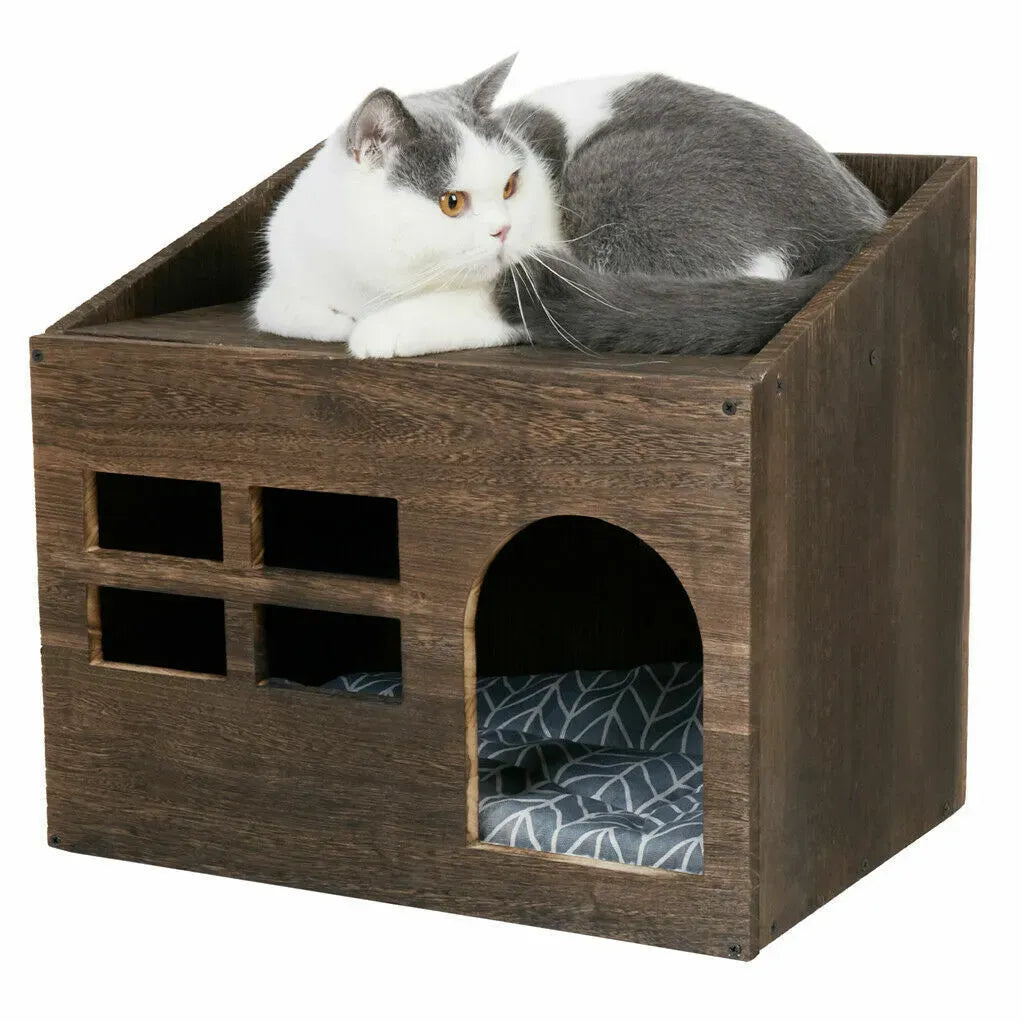 Large Solid Wooden Cat House in Deep Brown with Soft Cushion, 47.3x35x42cm