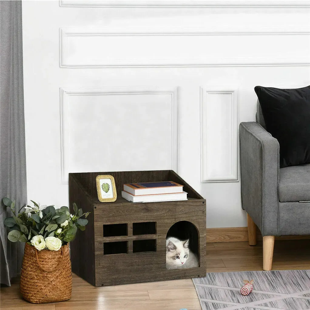 Large Solid Wooden Cat House in Deep Brown with Soft Cushion, 47.3x35x42cm