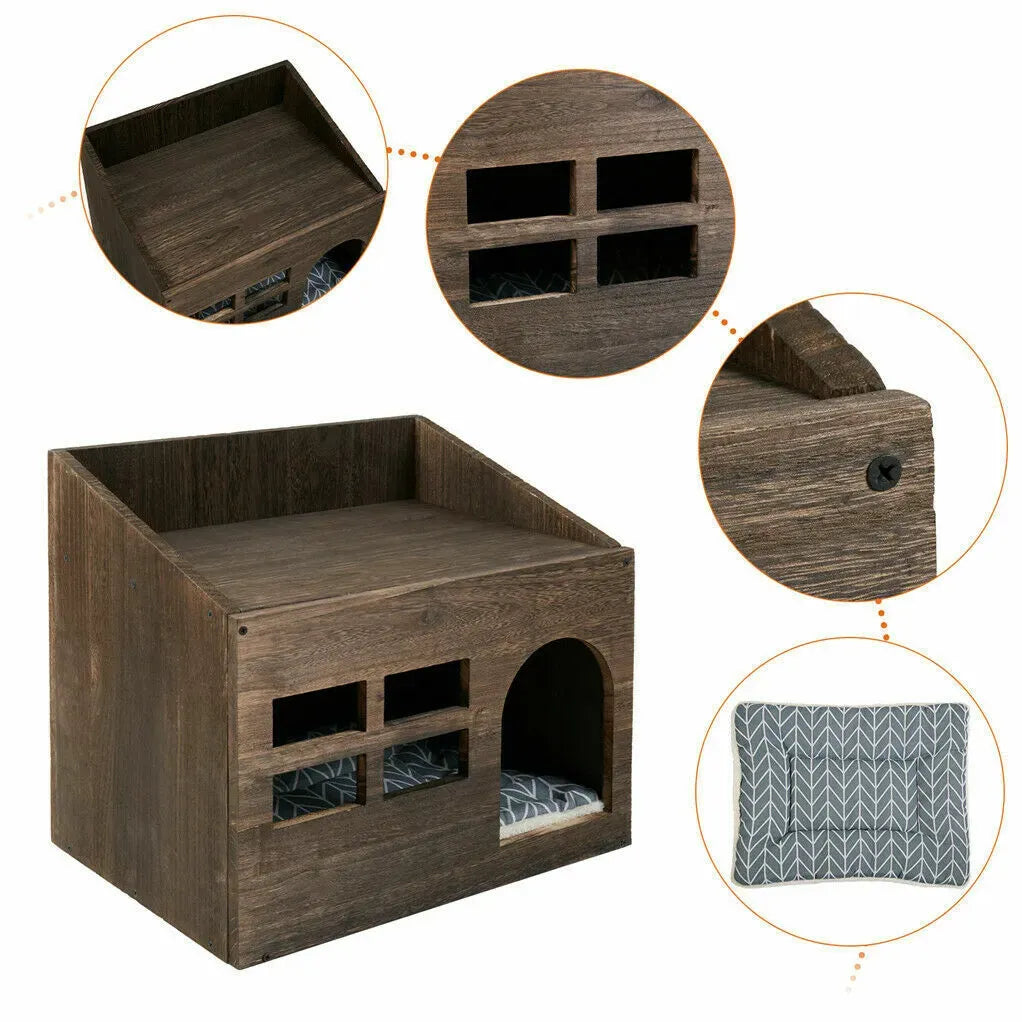 Large Solid Wooden Cat House in Deep Brown with Soft Cushion, 47.3x35x42cm