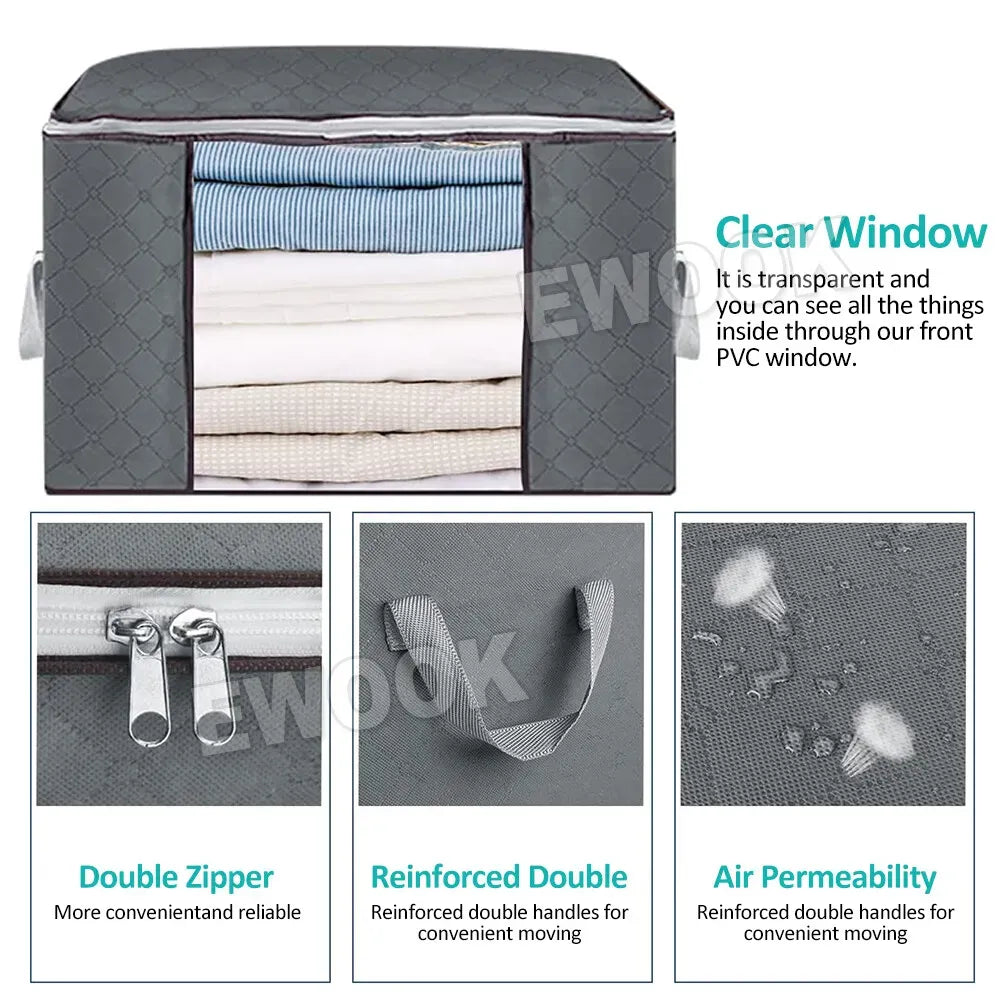 Large Grey Quilt Storage Bags 60x40x35cm - 2-Pack Non-Woven Fabric Organiser with Zipper