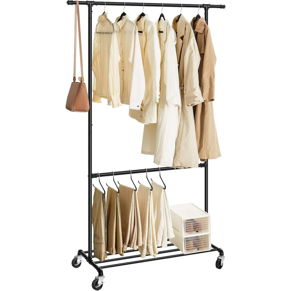 Industrial Clothing Rack Wheels Double Rod