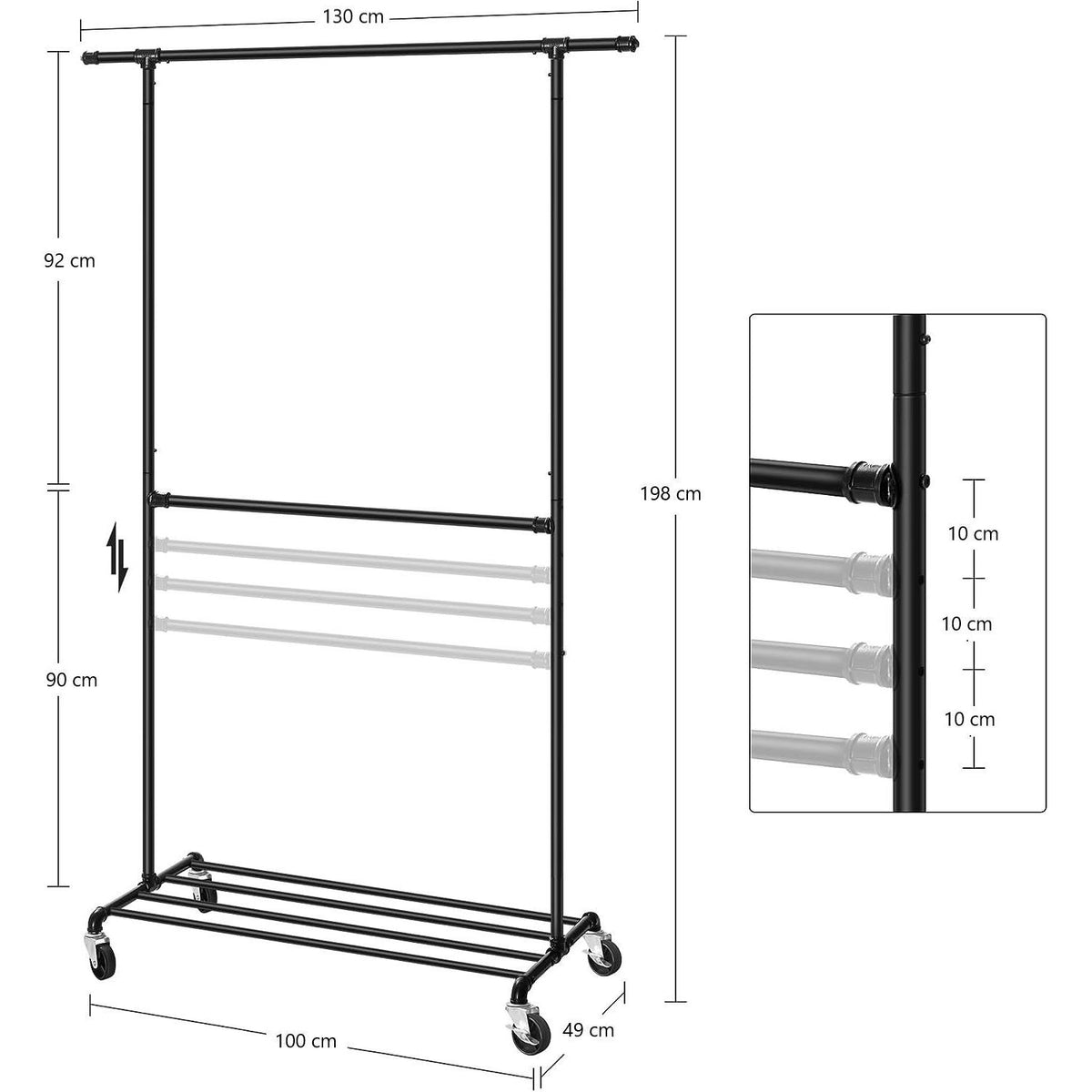 Industrial Clothing Rack Wheels Double Rod