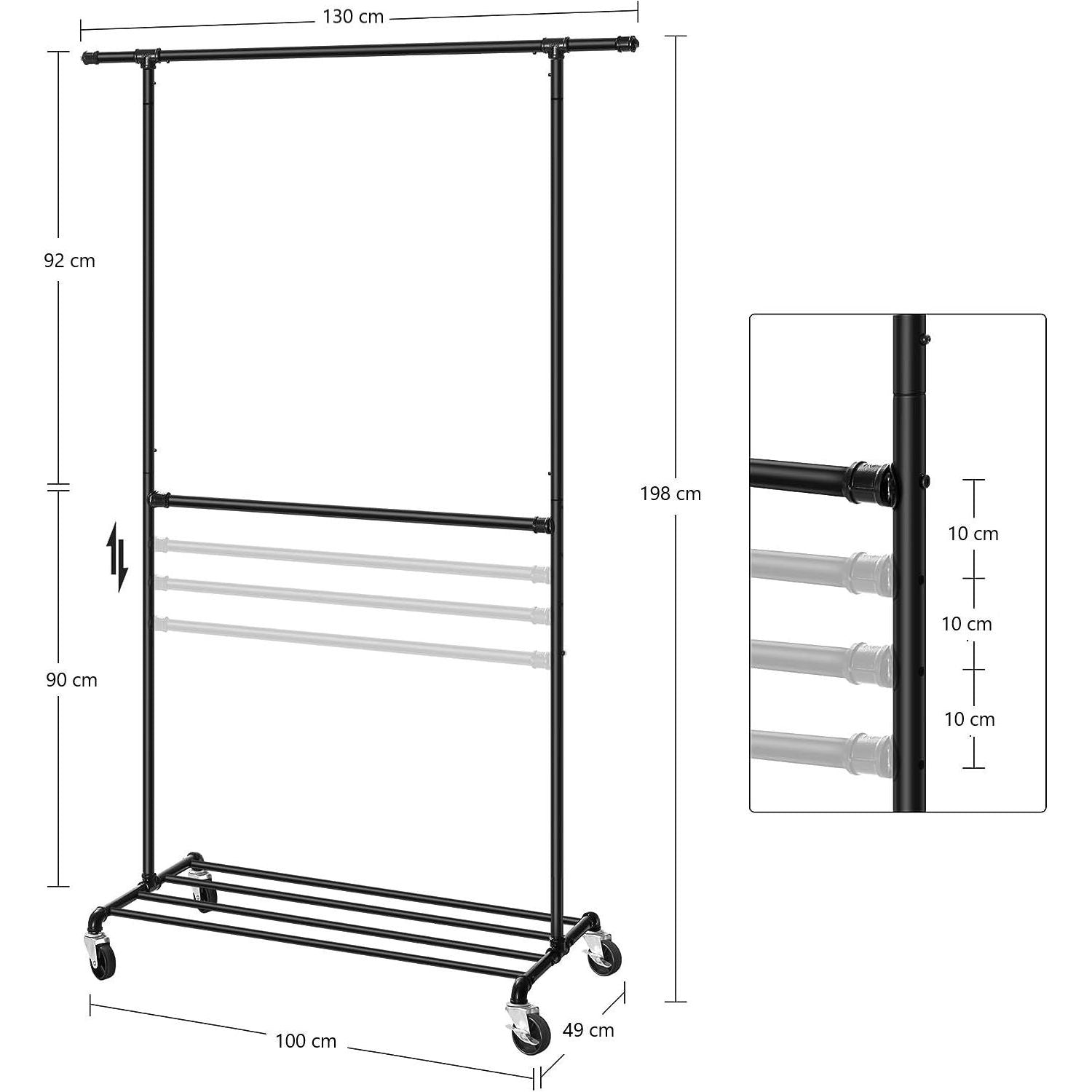 Industrial Clothing Rack Wheels Double Rod