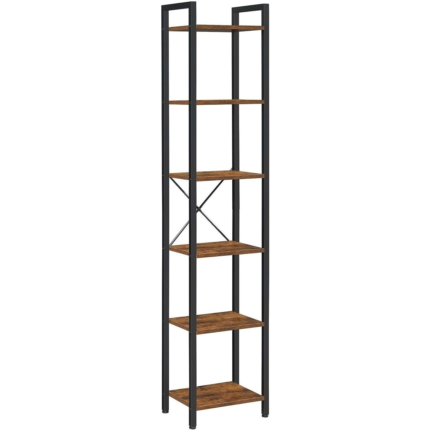 Small 6-Tier Industrial Bookshelf, Rustic Brown, Black