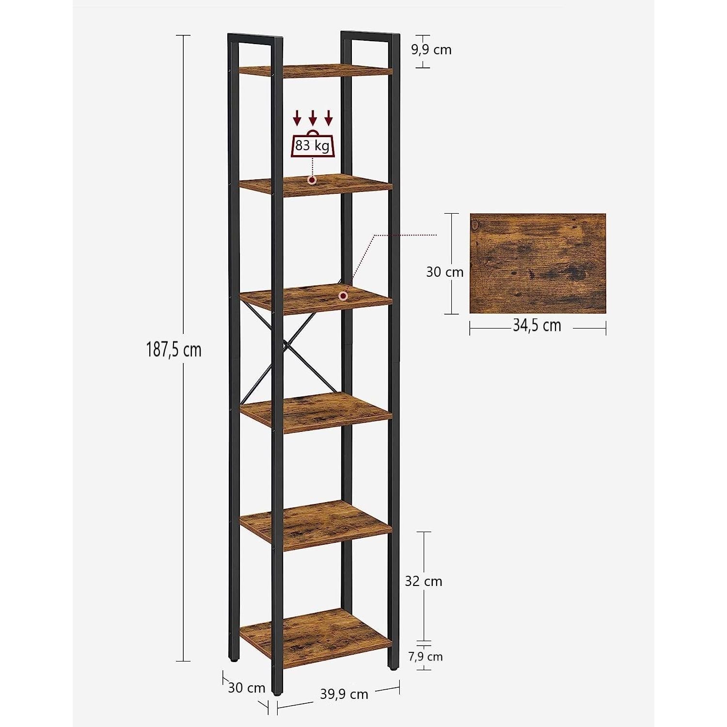 Small 6-Tier Industrial Bookshelf, Rustic Brown, Black