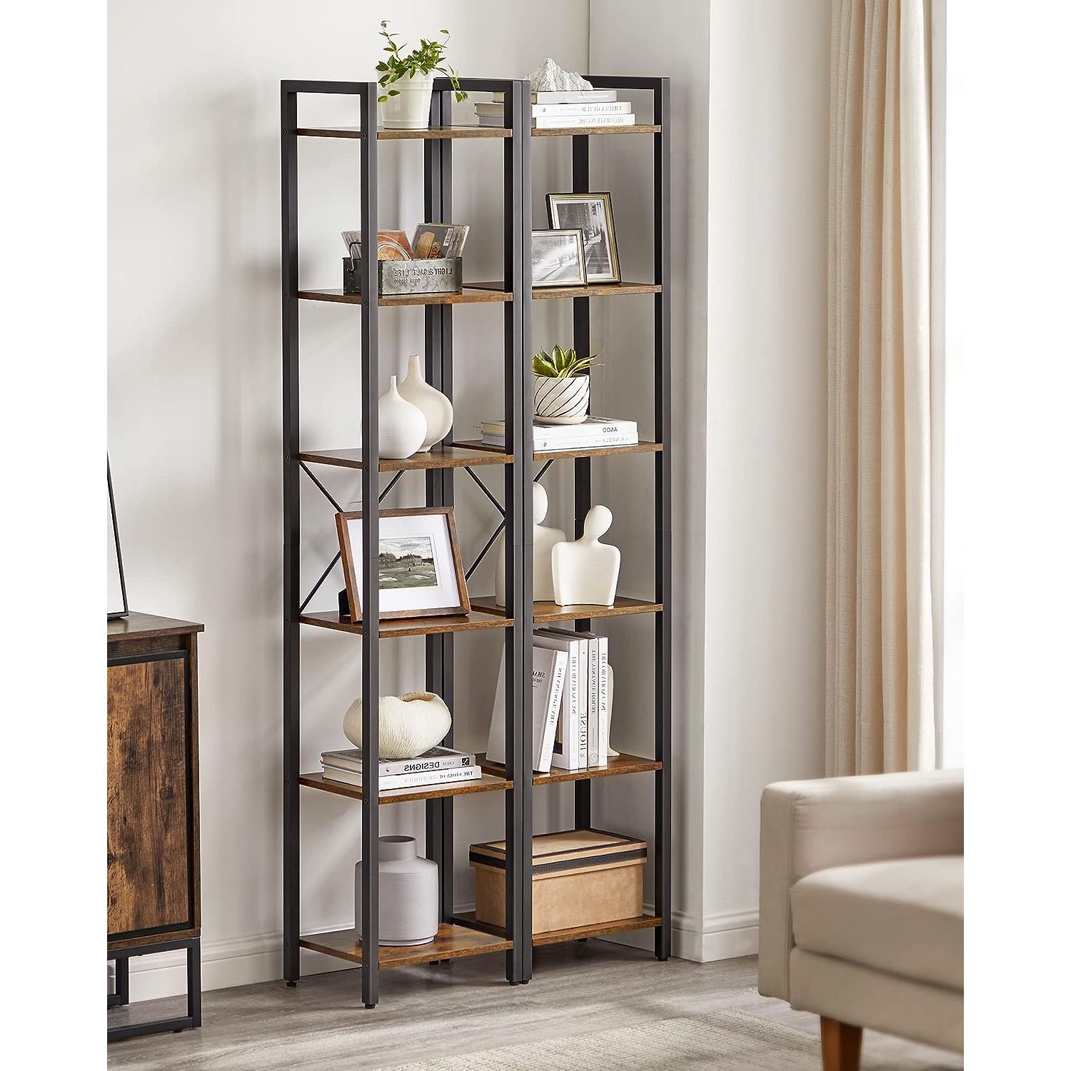 Small 6-Tier Industrial Bookshelf, Rustic Brown, Black