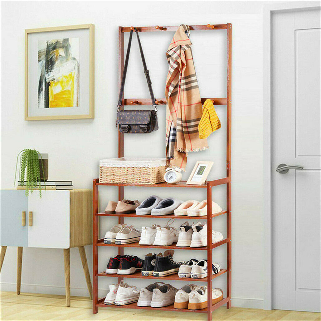 Bamboo 5-Tier Hat Coat Shoe Rack Entryway Bench Hanger Storage