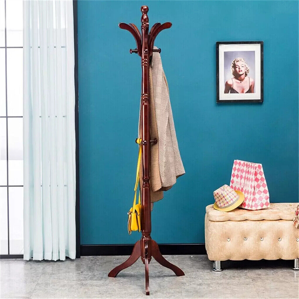 Birch Wood Coat Rack Stand Adjustable Hall Tree Entryway