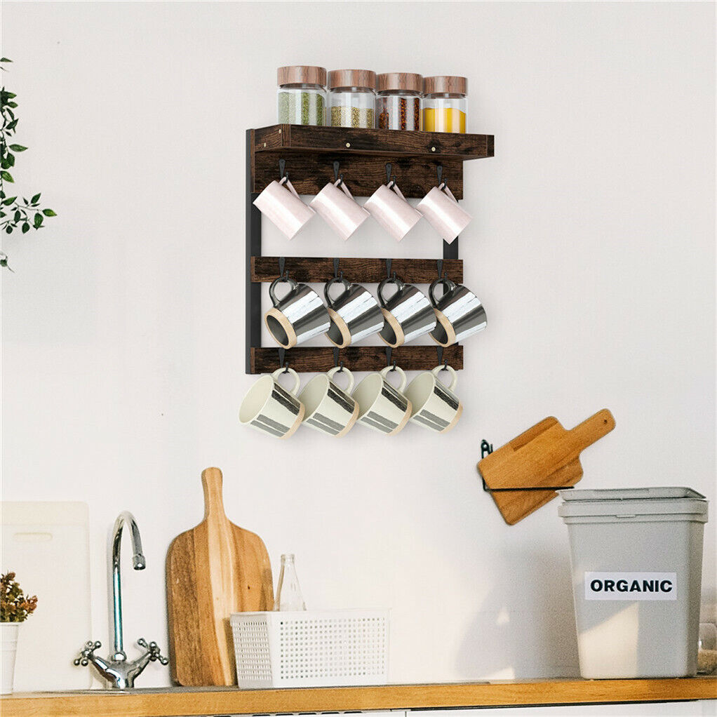 Wooden Wall Mounted Coffee Mug Rack 12 Hooks Cup Holder