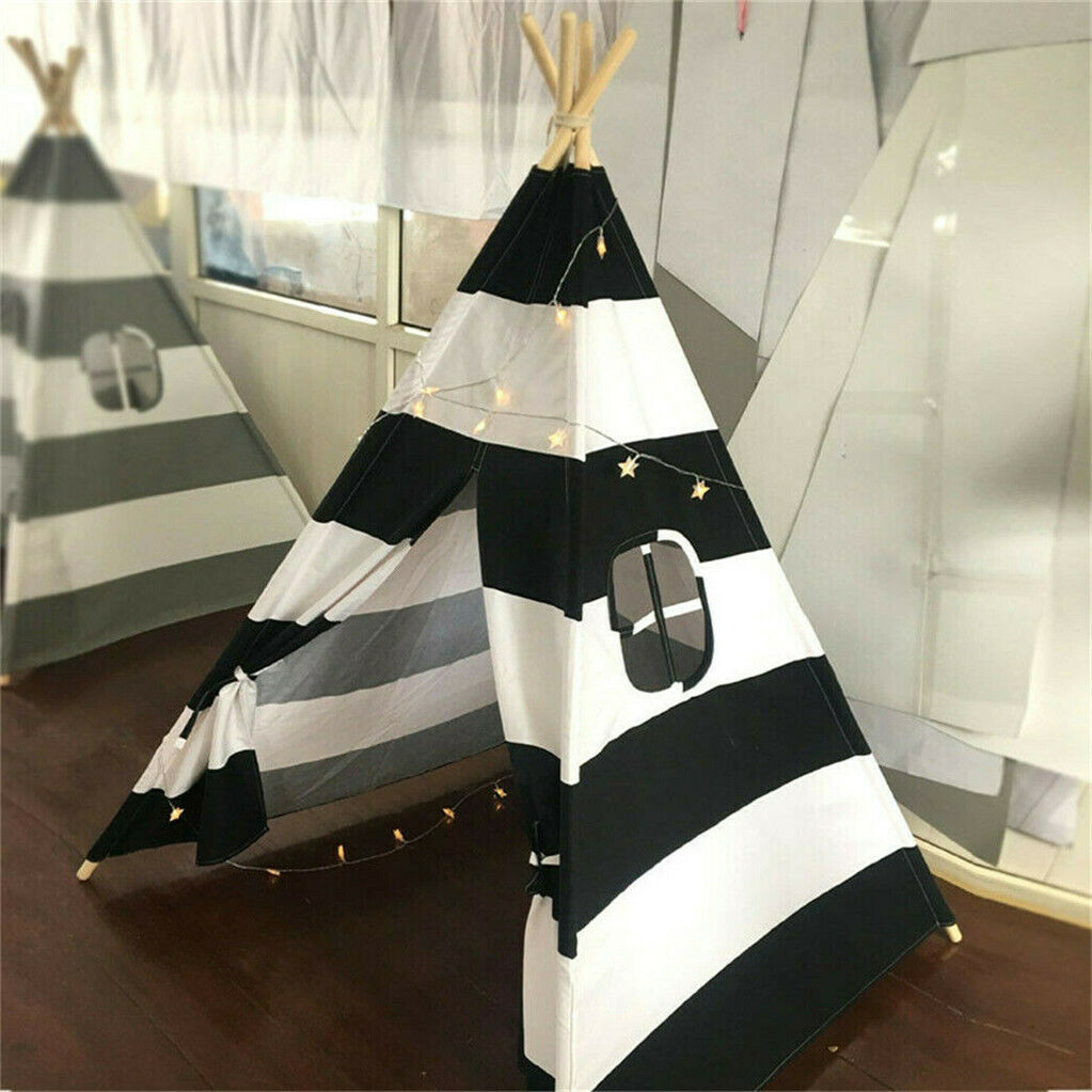 Kids Teepee Tent Linen Wood Black White Stripe Playhouse Indoor Garden