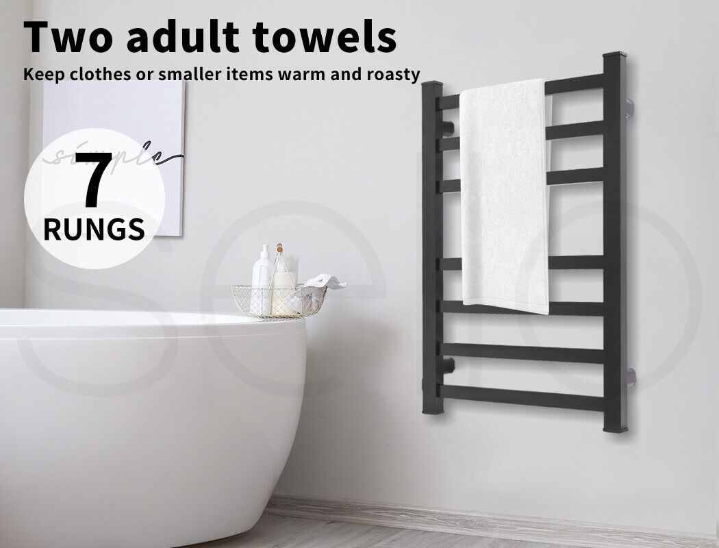 Aluminium Heated Towel Rail 7-Bar Electric Warmer Black