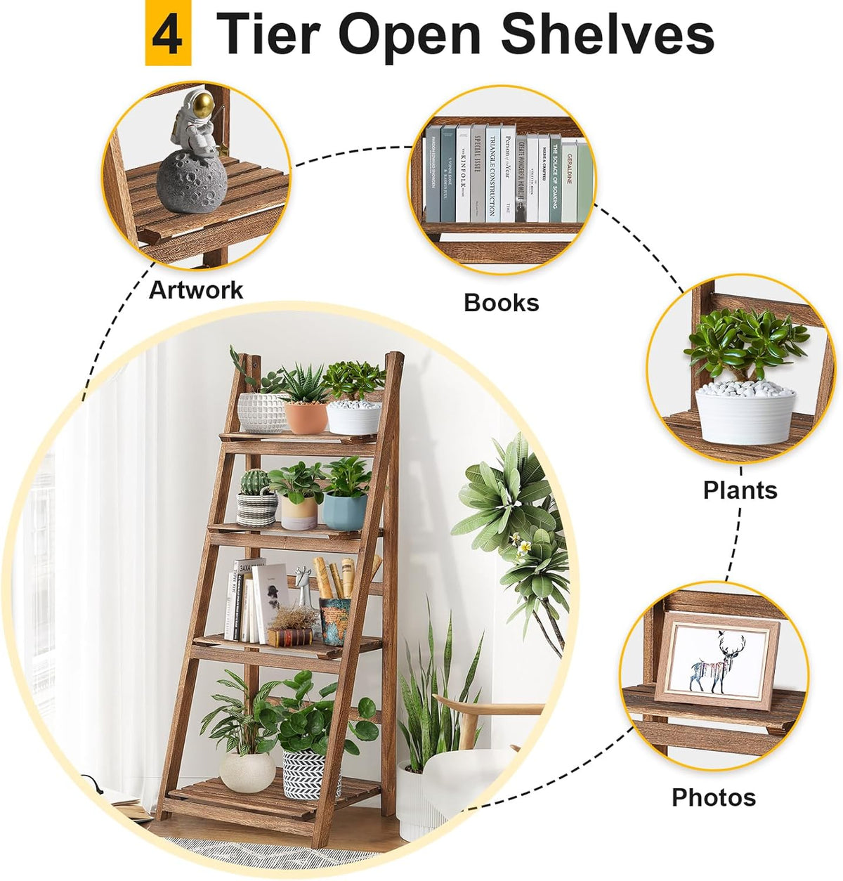 Rustic Wood 4 Tier Plant Stand Bookshelf 38CM Corner Shelf