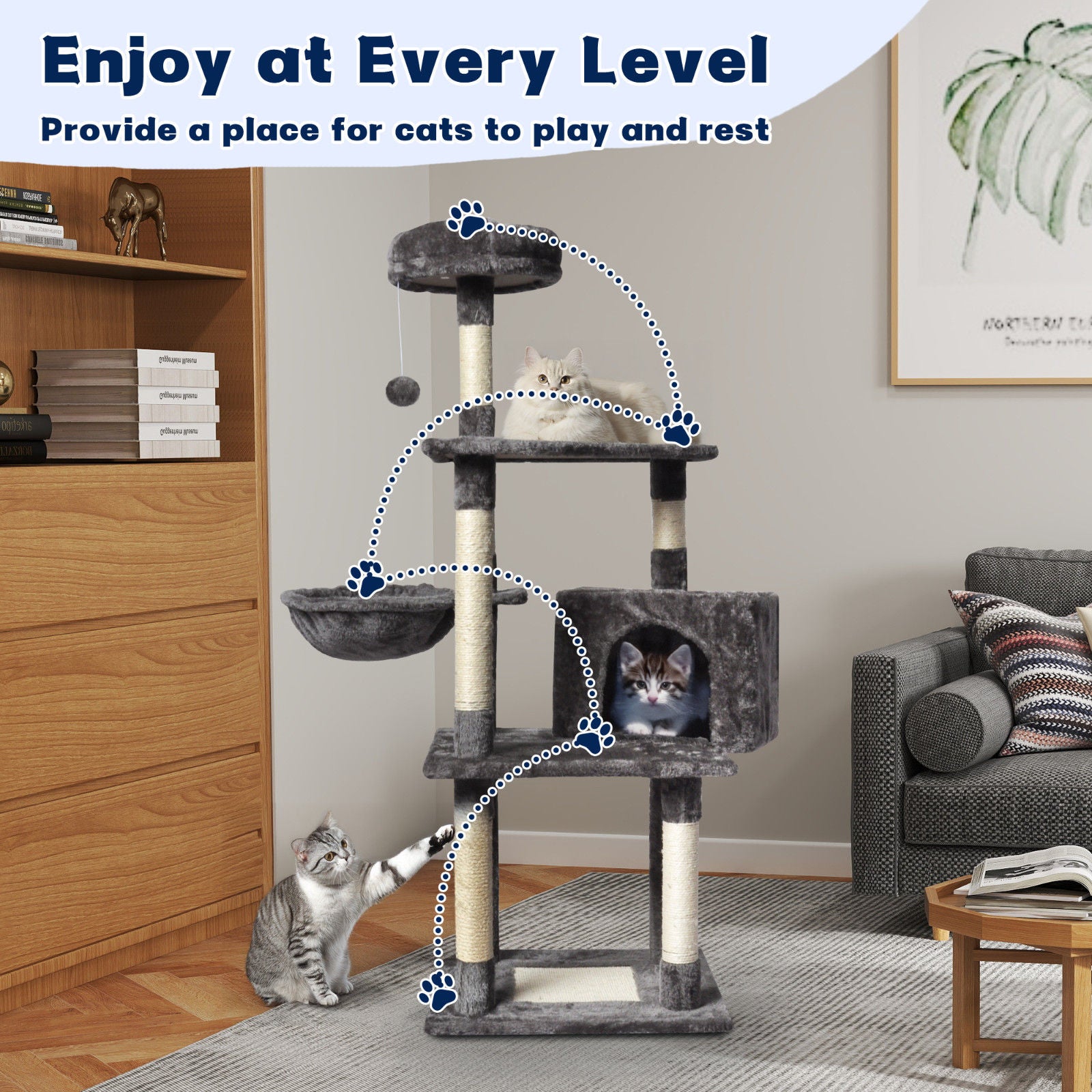 Large Grey Cat Tree Tower Condo with Scratching Post Bed