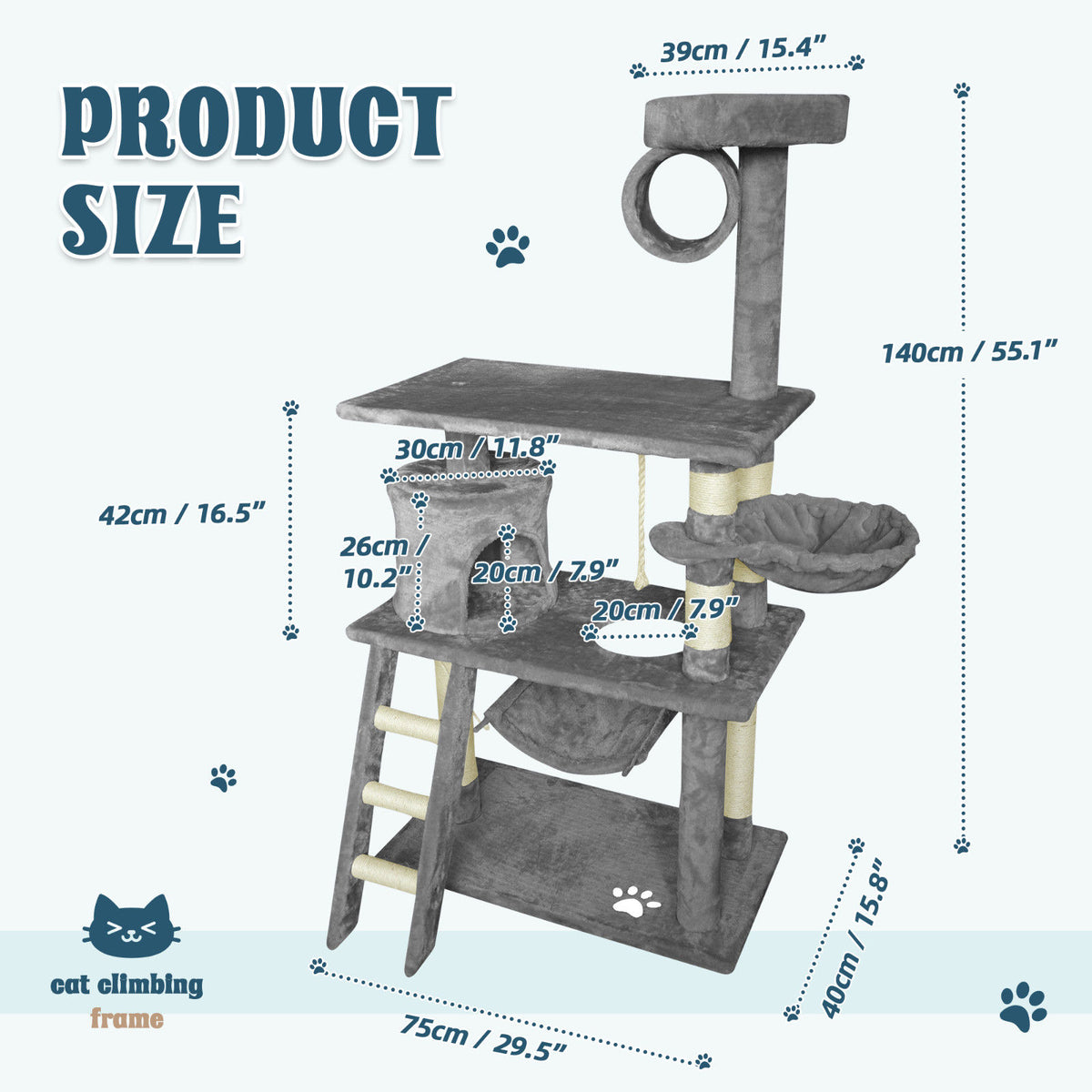 Grey Cat Tree Tower Condo Scratching Post Bed Stand 1.4M