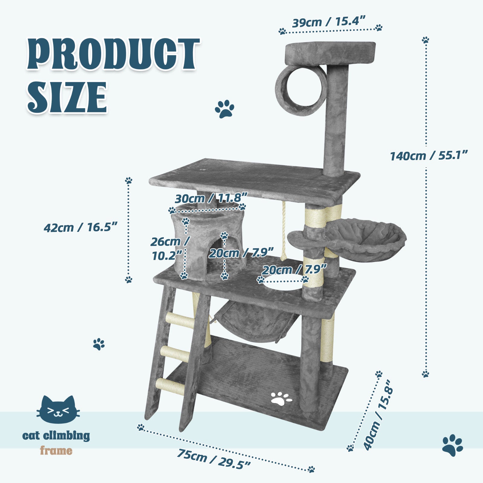 Grey Cat Tree Tower Condo Scratching Post Bed Stand 1.4M
