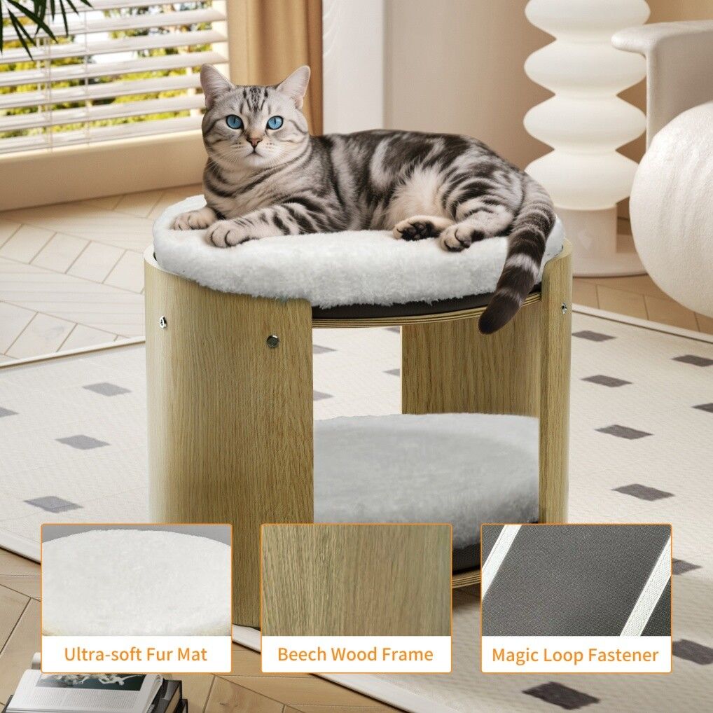 Elevated Double Cat Bed 2-Tier Wooden Plush Kitten Lounge