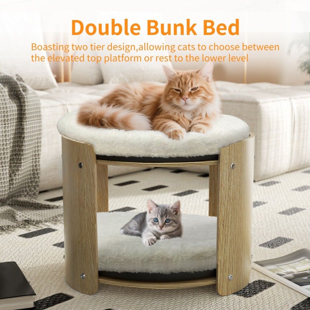 Elevated Double Cat Bed 2-Tier Wooden Plush Kitten Lounge